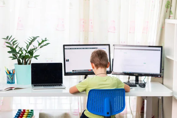 Lille Ung Skole Dreng Arbejder Hjemme Med Bærbar Computer Klasse - Stock-foto