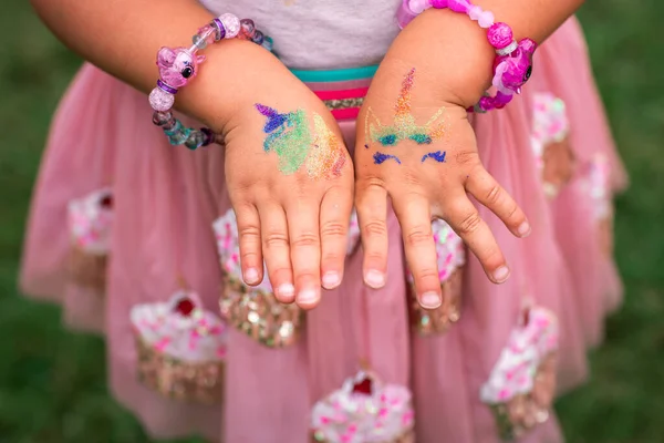 Shimmering Sparkling Glitter Tattoo Childs Hand Birthday Party Body Art — Stock Photo, Image