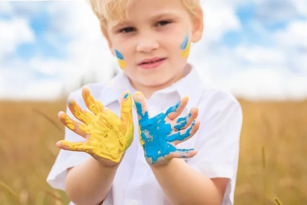 Stop War Ukraine Love Ukraine Concept Ukrainian Boy Ukrainina Flag – stockfoto