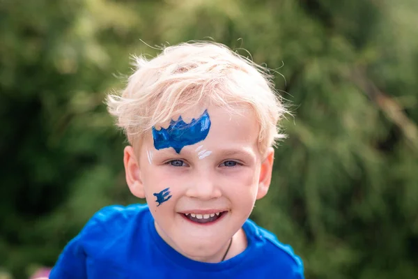 Cute Little Boy Face Paint Batman Pattern Face Painting Kid — Stock Photo, Image