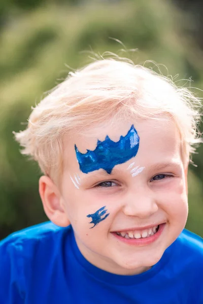 Cute Little Boy Face Paint Batman Pattern Face Painting Kid — Stock Photo, Image