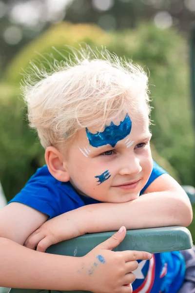 Cute Little Boy Face Paint Batman Pattern Face Painting Kid — Stock Photo, Image