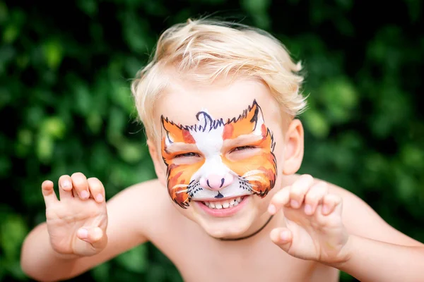 Cute Happy Excited Little Boy Face Paint Face Painting Kid — Stock Photo, Image