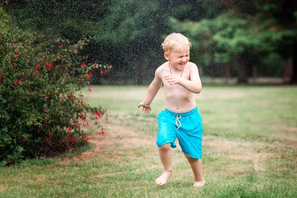 Little Kid Playing Water Hot Summer Day Boy Garden Sprinkler — Foto de Stock