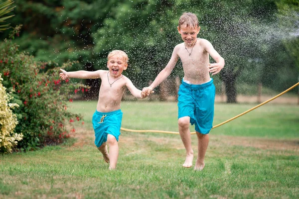 Kids Play Water Hot Summer Day Children Garden Sprinkler Having —  Fotos de Stock