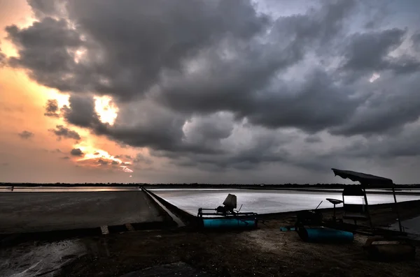 Sunset at the salt farm — Stock Photo, Image