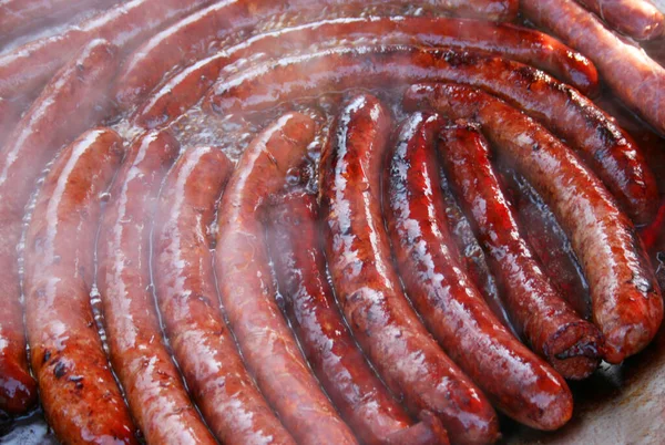 Fritar Salsichas Domésticas Gordura Quente Maneira Tradicional — Fotografia de Stock