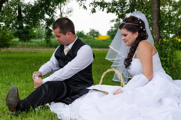 Wedding couple in a park — Stock Photo, Image