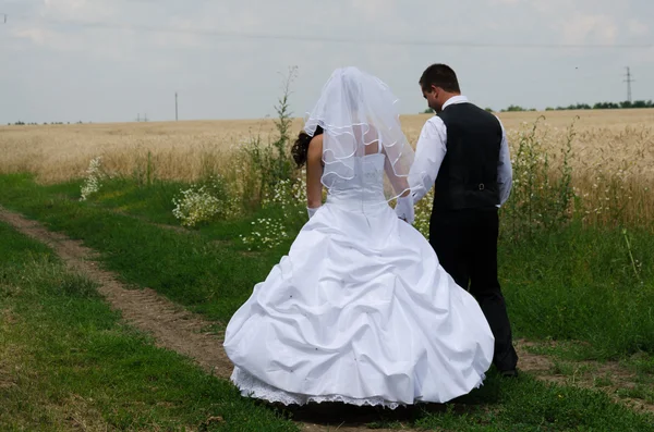 Casamento casal em uma terra de trigo — Fotografia de Stock