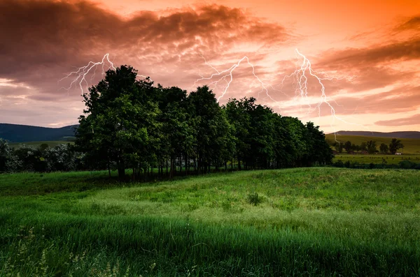 Trovoada com relâmpagos no prado verde — Fotografia de Stock