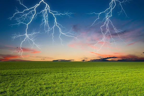 Bouřka s blesky na zelené louce — Stock fotografie