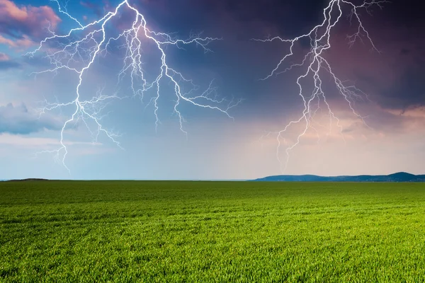 Trovoada com relâmpagos no prado verde — Fotografia de Stock