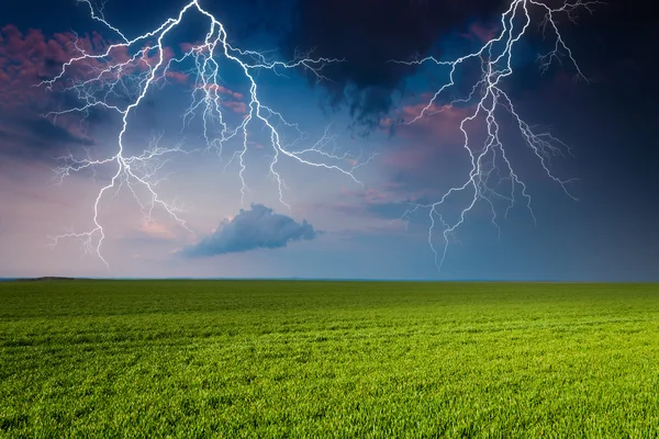 Orage avec foudre dans la prairie verte — Photo