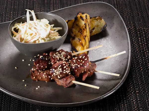 Portion Grilled Beef Fillet Skewers Salad Coleslaw Grilled Potato Plate — Stock Photo, Image