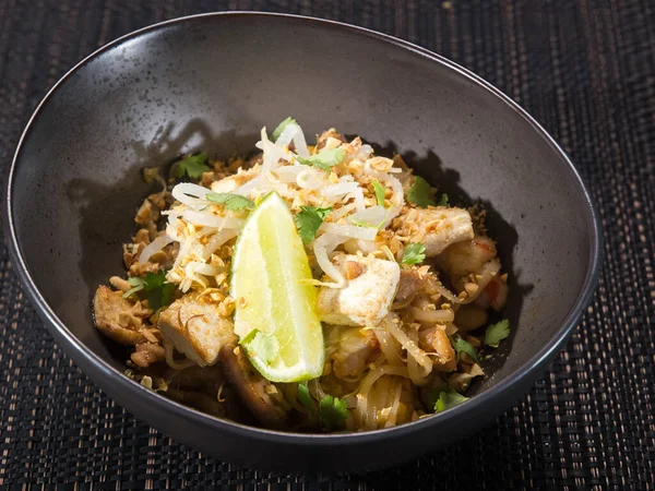 Wok Fried Chicken Fillet Slices Noodle Bamboo Shoots Parsley Nuts — Stock Photo, Image