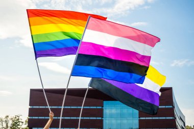 Gökkuşağı gurur bayrağı, ikili olmayan bayrak ve cinsiyet akışkan bayrak. LGBT cemaati LGBT onur yürüyüşünde bayrak sallıyor