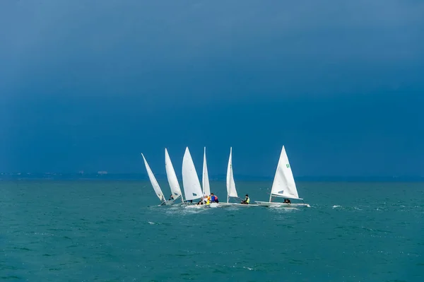 Small Sailing Boats Sea Cloudy Summer Day Training Sailing School — Stock Photo, Image