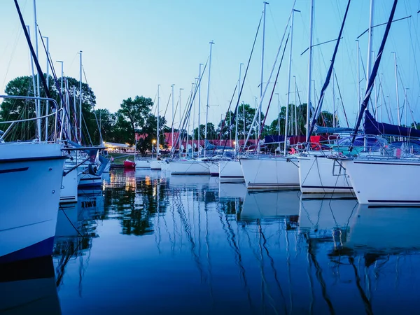 Dusk View Moored Sailing Yachts Jetty Port Lake Calm Summer — 스톡 사진
