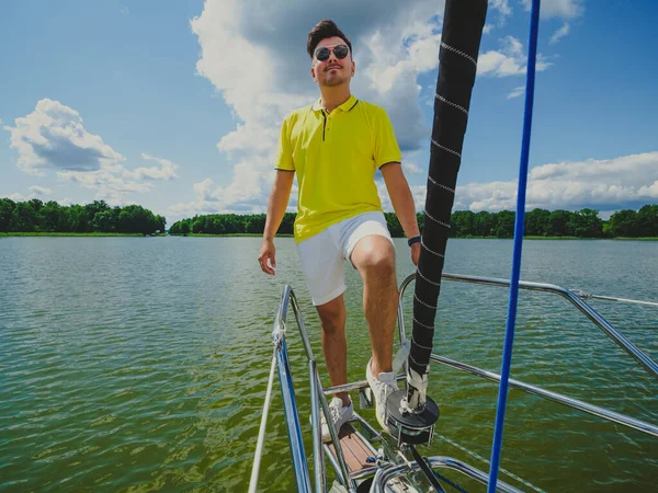 Handsome Young Black Hair Person Wear Casual Clothes Standing Sailboat — 图库照片
