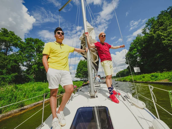 Two Handsome Young Persons Wear Casual Clothes Standing Sailboat Bow — Photo