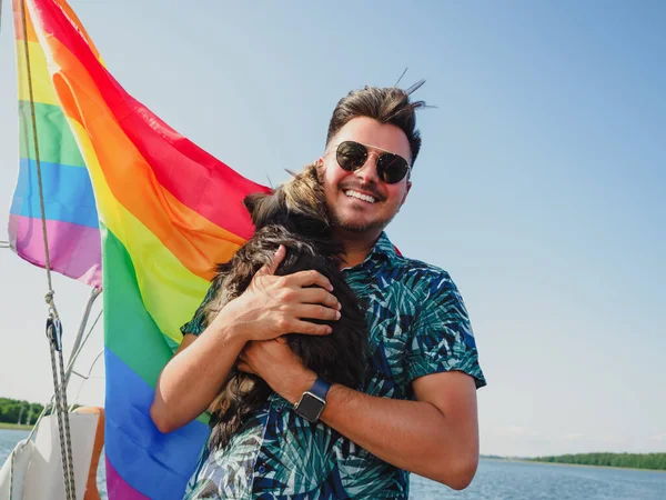 Handsome Gay Person Hugging His Small Dog Yorkshire Terrier Rainbow — Fotografia de Stock