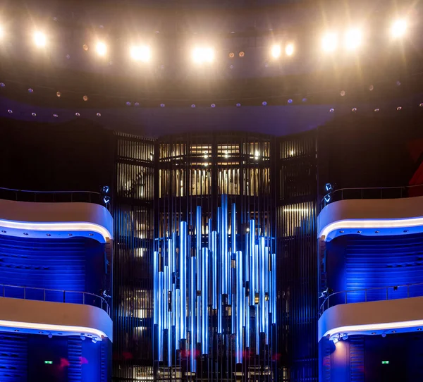 Pipe organ at Organ Hall of a Philharmonic. Steel tubes of Pipe Organ in modern philharmonic hall