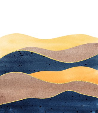 suluboya dalgalı dağlar silueti, arka plan bej, çivit ve altın şekilli