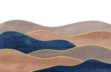 suluboya dalgalı dağlar silueti, arka plan bej, çivit ve altın şekilli