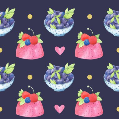 Tatlı tatlı ve böğürtlenli tekstil deseni, koyu arkaplanda elle çizilmiş suluboya çizimi. 