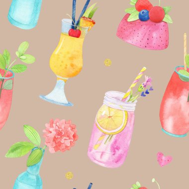 Tatlı tatlı, kek ve böğürtlenli tekstil deseni, bej arka planda elle çizilmiş suluboya çizimi 