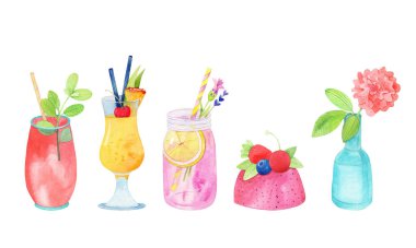 Tatlı tatlı, pasta, kokteyl ve çiçekleri betimleme. Parlak suluboya seti. İzole edilmiş.