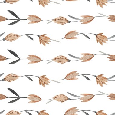 Kusursuz desen. Çiçeklerin suluboya koleksiyonu, sonbahar yaprakları, beyaz bitkisel elementler.