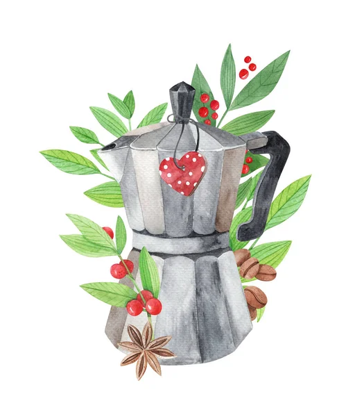 Coffee Maker Watercolor Illustration Brown Beans Green Leaves — Stockfoto