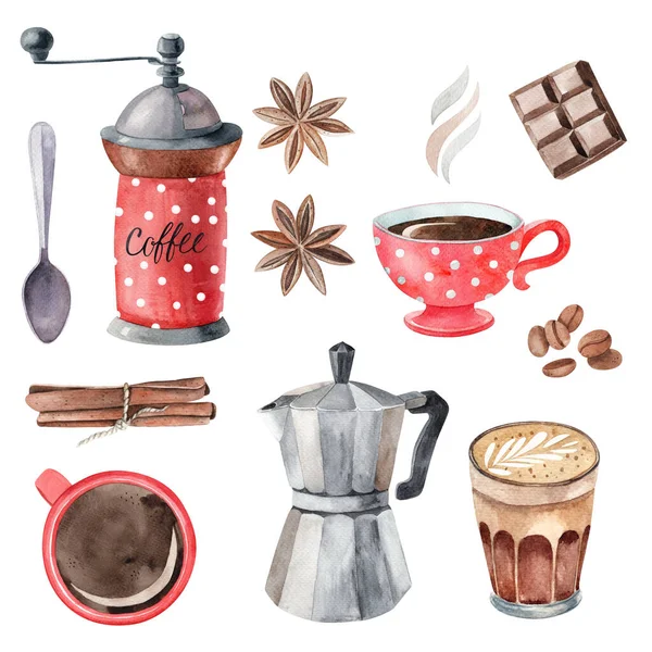 Akvarell Set Med Kopp Kaffe Kaffekvarn Och Vintage Kaffekanna Handmålade — Stockfoto