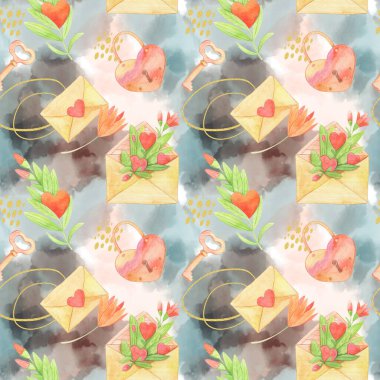 Sevgililer Günü 'nde suluboya elementler, kalpler, yapraklar....