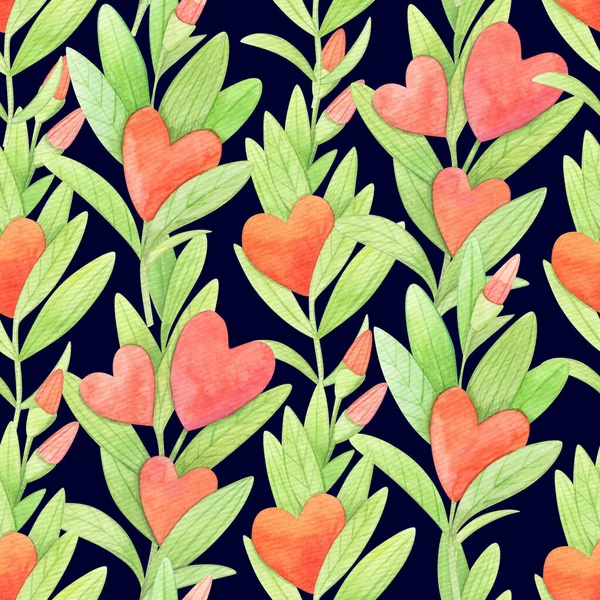 Nahtloses Muster Zum Valentinstag Mit Aquarell Zweigen Und Blütenherzen — Stockfoto