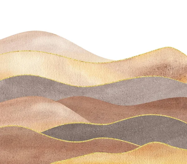 Dalgalı Dağ Siluetinden Suluboya Şekiller Sepia Sarı Altın Kahverengi Renklerle — Stok fotoğraf