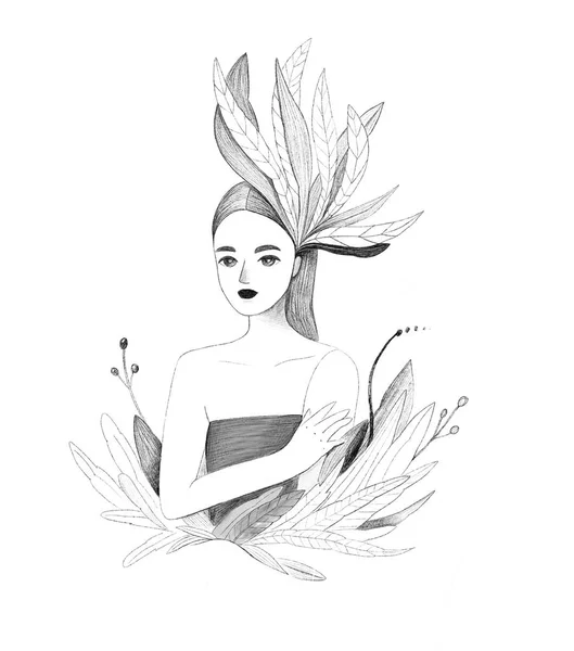 Mooi Meisje Natuur Met Bladeren Haar Haar Geïsoleerde Illustraties — Stockfoto