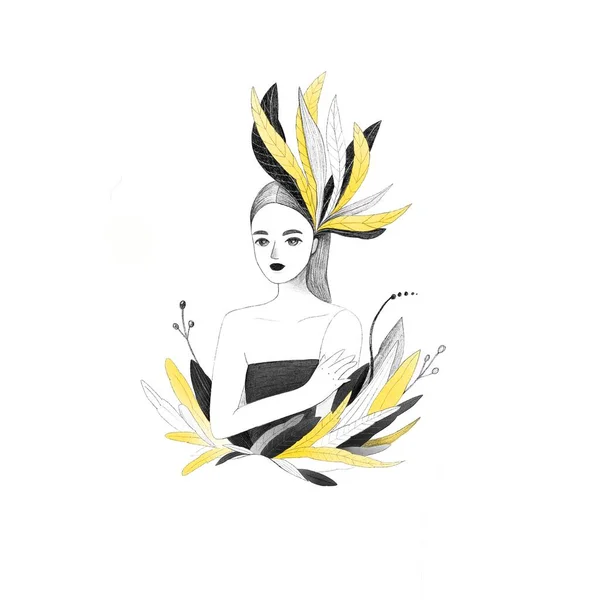 Giovane Signora Foglie Nere Gialle Illustrazione Digitale Graffiata Della Donna — Foto Stock