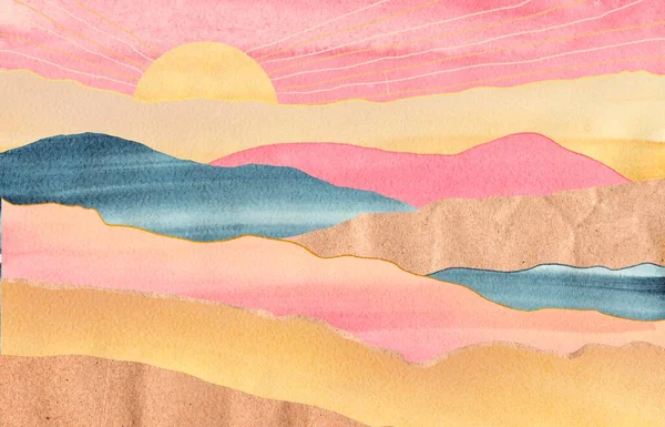 Colagem Aquarela Abstrata Com Nascer Sol Nas Montanhas Onduladas — Fotografia de Stock