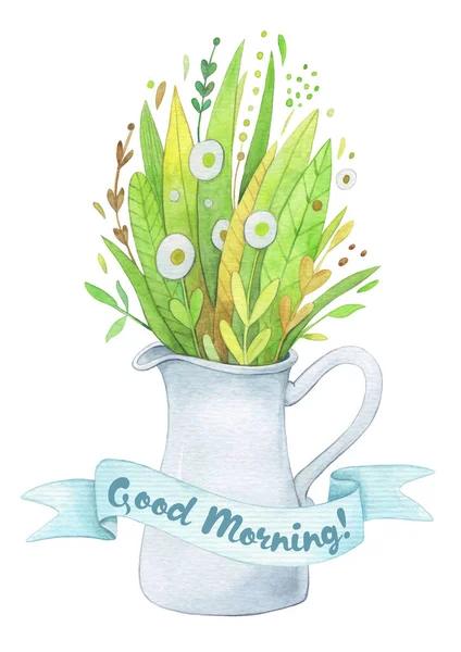 Goede Morgen Wenskaart Met Groene Planten Aquarel Illustratie — Stockfoto