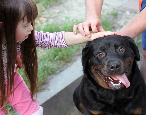 Little girl with a big black dog — Stock Photo, Image