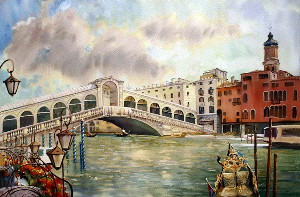 A view of the canal with Rialto bridge, boats and buildings in Venice, painted by watercolor — Stock Photo, Image