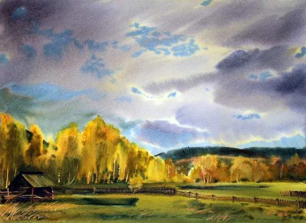 Autumn landscape painted by watercolor . — Stock Photo, Image