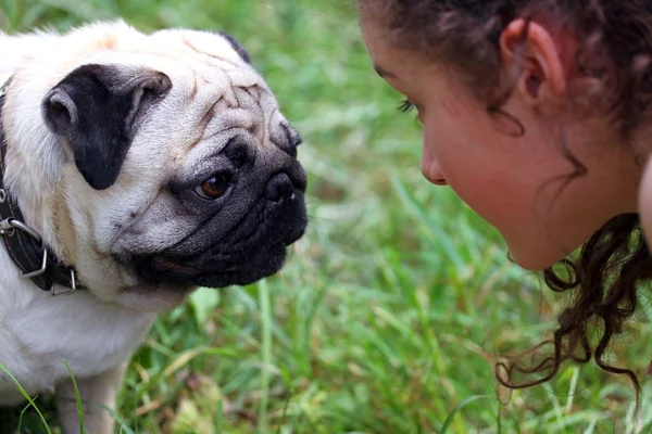 Girl speaking with a dog — Stock Photo, Image
