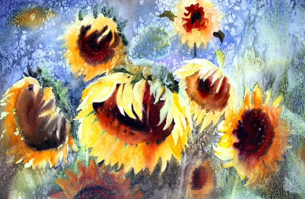 Aquarel van prachtige zonnebloemen. — Stockfoto