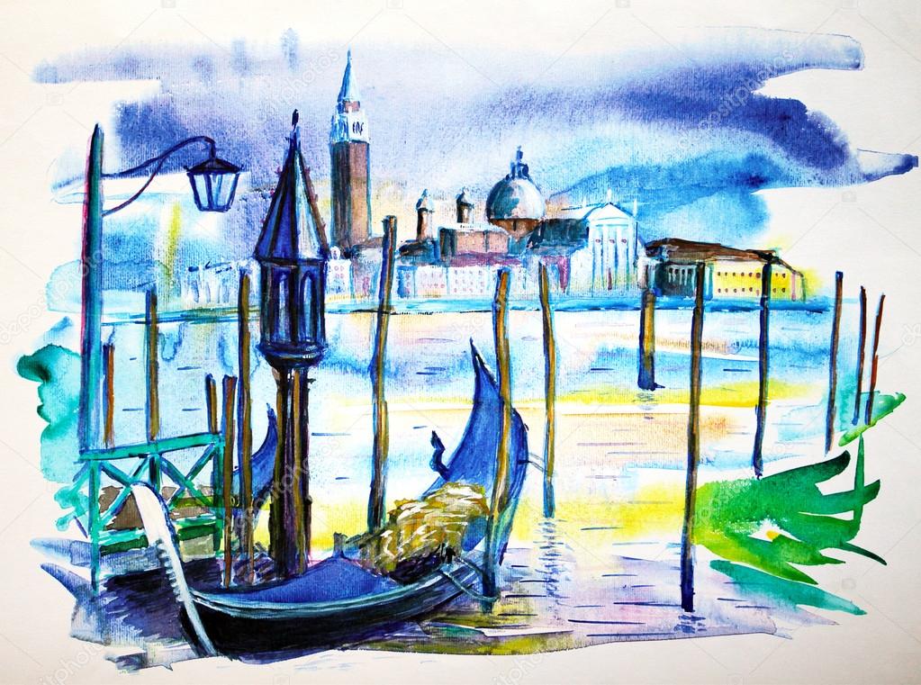 A view with boat in Venice, painted by watercolor