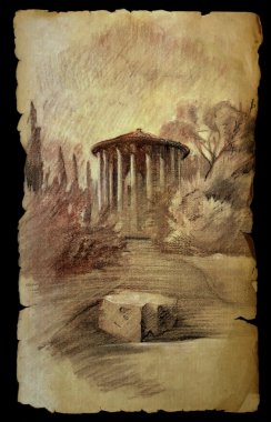 vesta Tapınağı, Roma, İtalya kağıt üzerinde eski boyalı siyah izole.