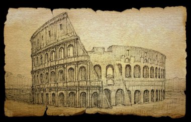 eski bir kağıt üzerine siyah izole, mürekkep tarafından boyanmış colosseum.