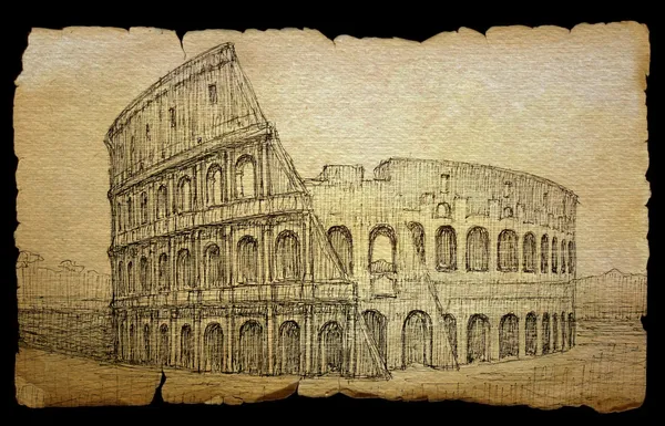 Colosseo dipinto con inchiostro su vecchia carta, isolato su nero . — Foto Stock